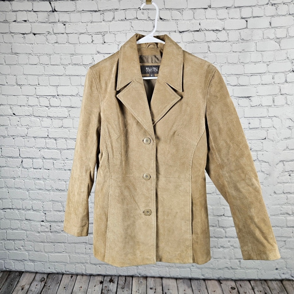 Wilsons Leather Suede Jacket Tan Beige Blazer Coat Small Notch Lapel 3 Button